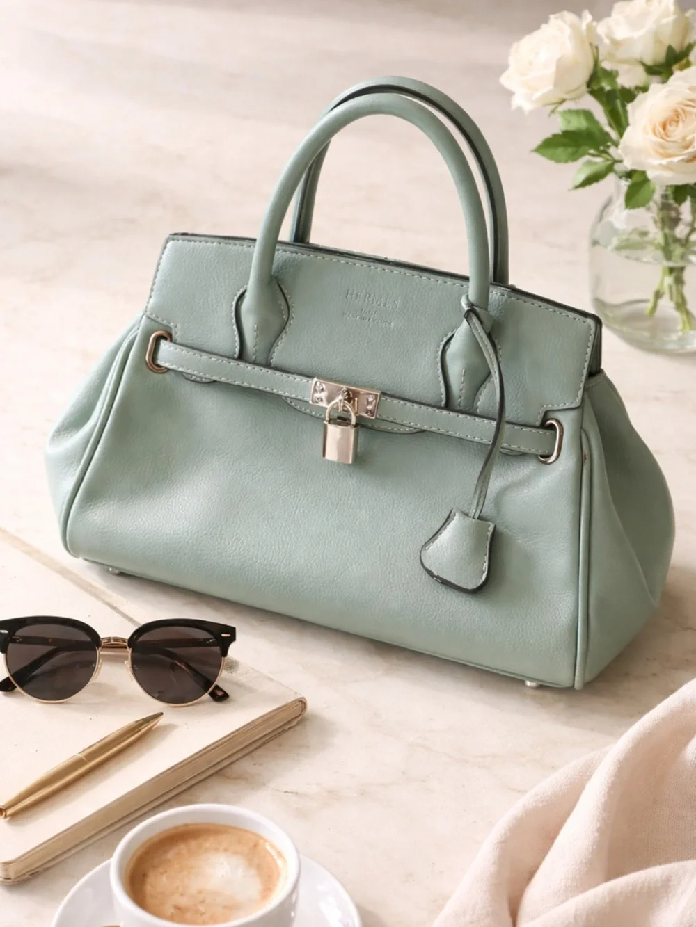 Sage Green Structured Satchel Top Handle Bag Minimal premium Luxury Purse - Picture 1 of 12